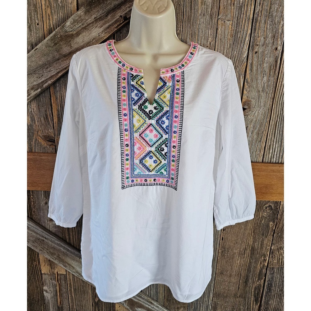 Talbots size small embroidered beaded peasant blouse career casual EUC ^